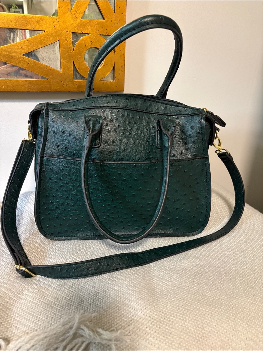 London Fog Dark Green Ostrich-Embossed Simulated Leather Satchel Handbag - Picture 2 of 12
